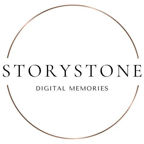 The Storystone memory platform shown on a phone beside an engraved keepsake